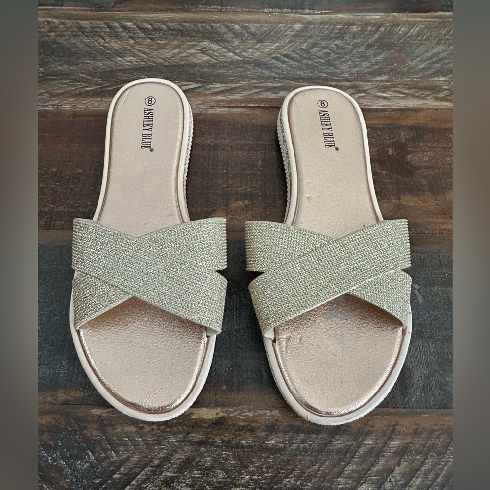 Ashley Blue Women’s 8 Gold Rhinestone Trim Crisscross Slide Sandals | SKU SH0009